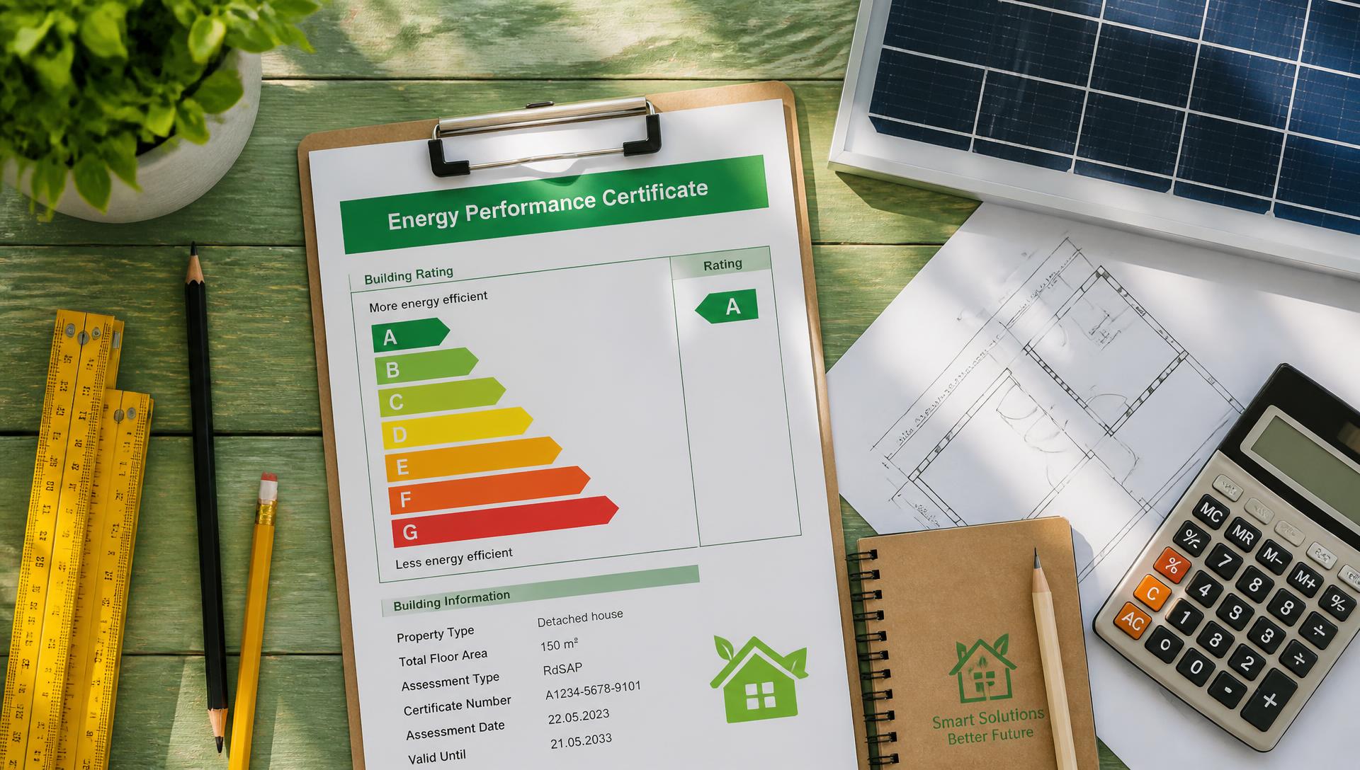 Energieausweis, Bauplan und Solarmodul auf einem Tisch